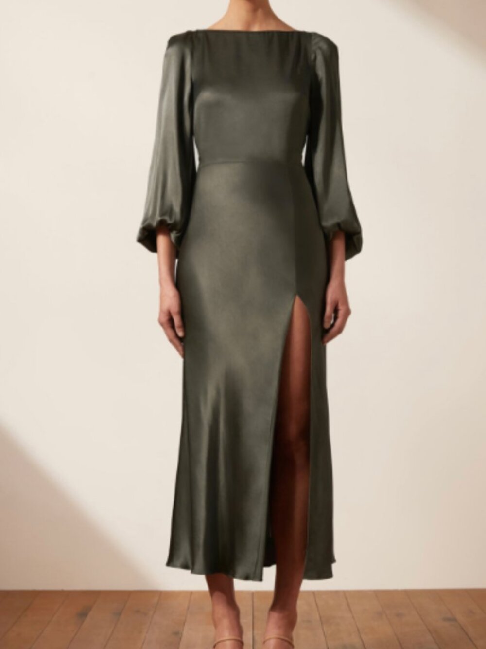 Shona Joy La Lune Balloon Sleeve Backless Midi Dress Slit Olive Green